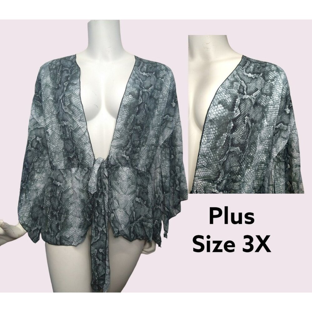 Light Open Cardigan Duster, Cover-up Plus Size 3X front tie snake print